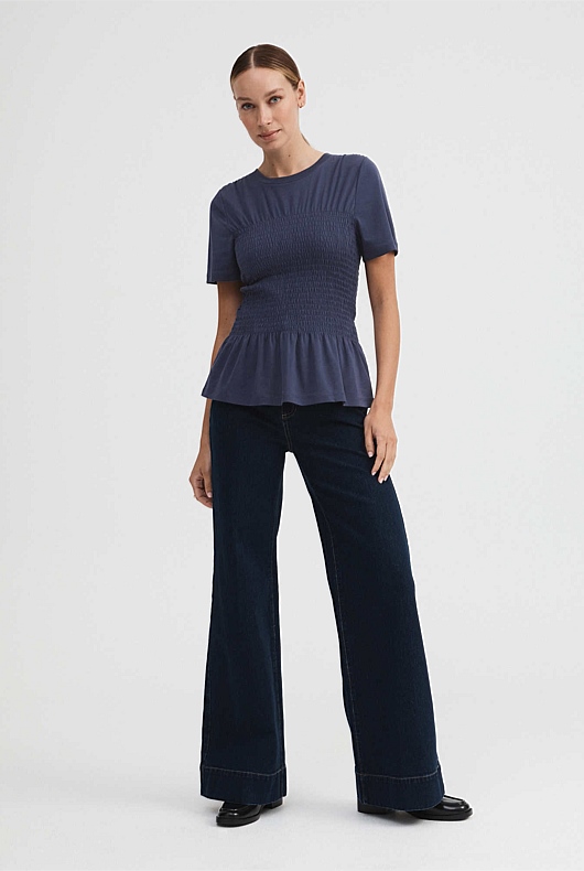 Cotton Shirred Bodice Tee - Ink Blue