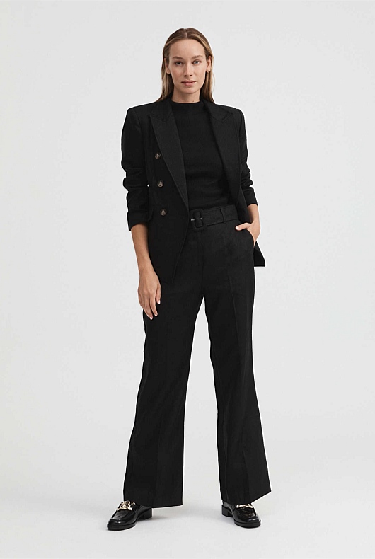 Linen Double-Breasted Crop Sleeve Blazer - Black