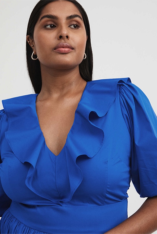 Cotton Poplin Ruffle Maxi Dress - Bold Blue