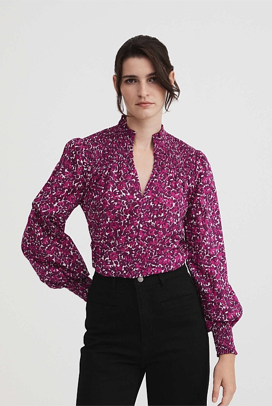 Berry Floral Shirred Blouse - Cranberry