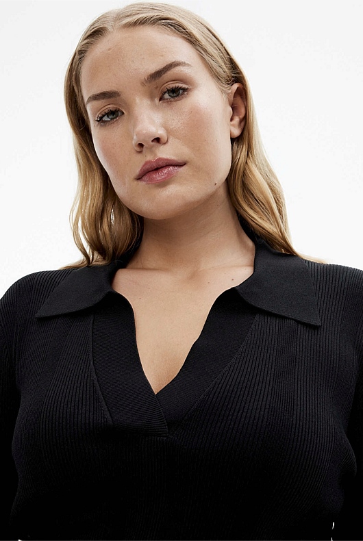 Crepe Rib Henley Knit - Black