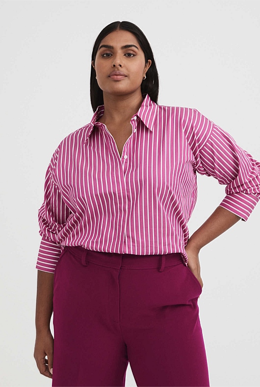 Cotton Wide Stripe Cropped Shirt - Bright Magenta