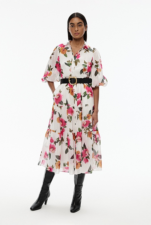 Watercolour Print Midi Dress - Pearl