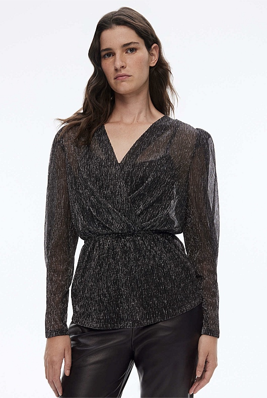 Mesh Metallic V Neck Top - Black