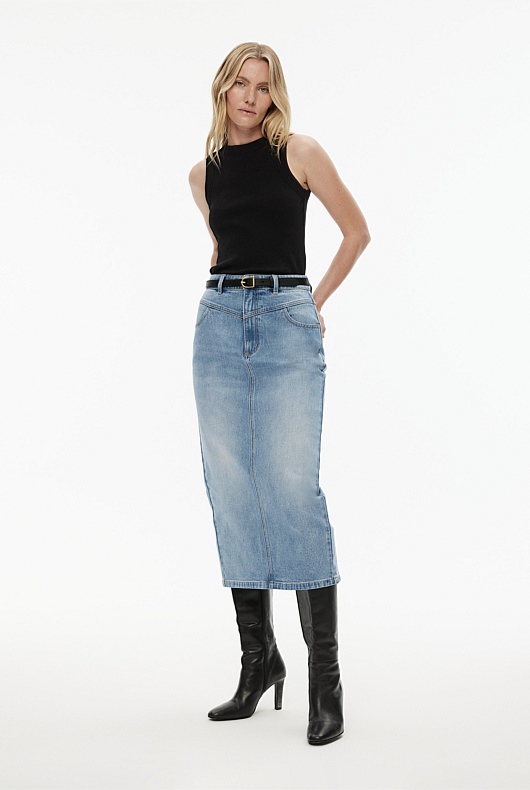Yoke Front Longline Denim Skirt - Vintage Wash Denim