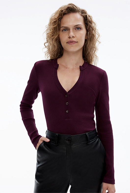 Cotton Blend Rib Henley Long Sleeve Top - Bordeaux