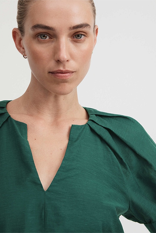 Raglan Pleat Sleeve Blouse - Petrol Green