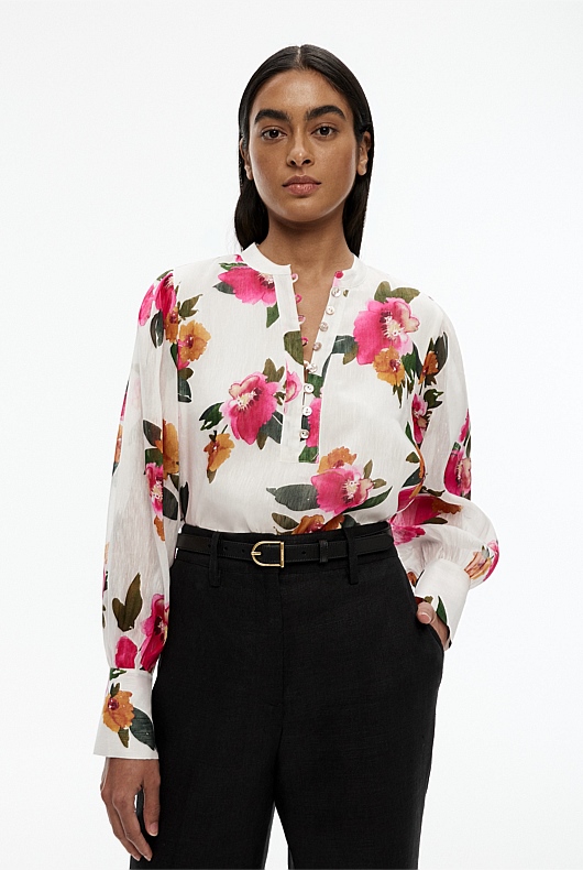 Watercolour Half Placket Blouse - Pearl