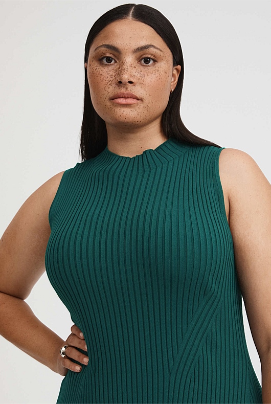 Knit Rib Mock Neck Dress - Petrol Green