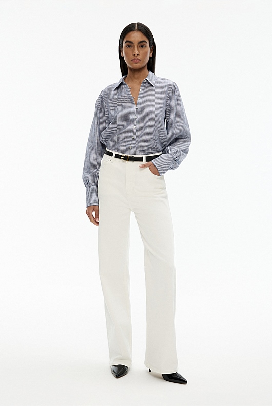 Linen Stripe Volume Sleeve Shirt - Lead Blue