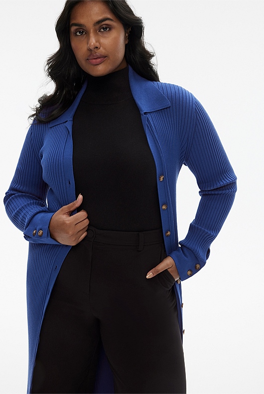 Button Through Rib Longline Cardigan - Eclipse Blue