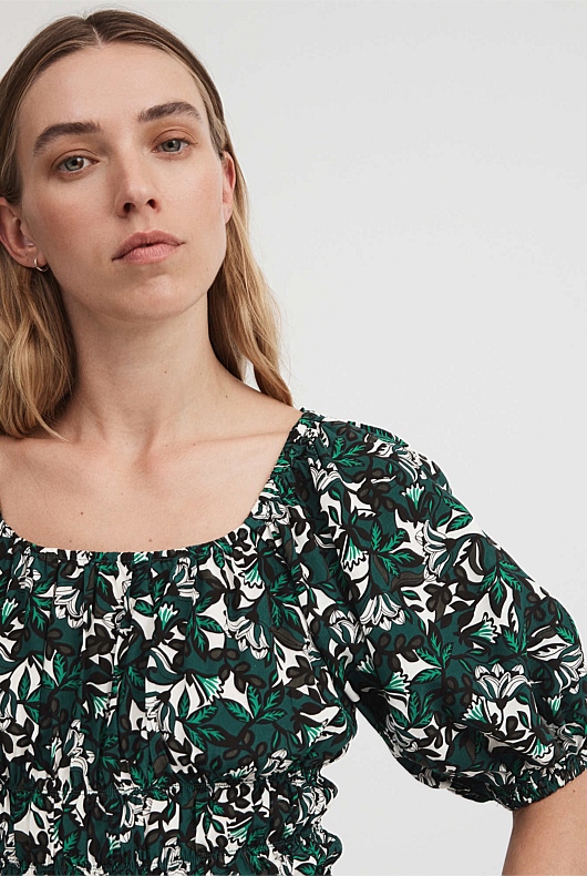 Folk Blossom Gathered Blouse - Foliage