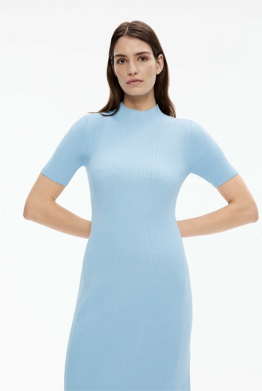 Rib Mock Neck Knit Dress - Soft Blue