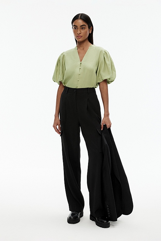 Hemp Puff Sleeve Blouse - Pistachio