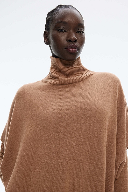 Silk Merino Longline Poncho - Camel