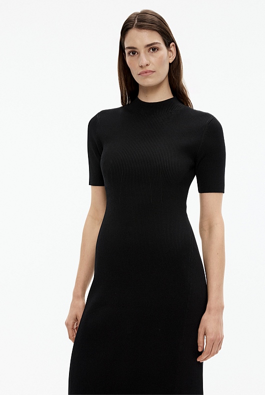 Rib Mock Neck Knit Dress - Black