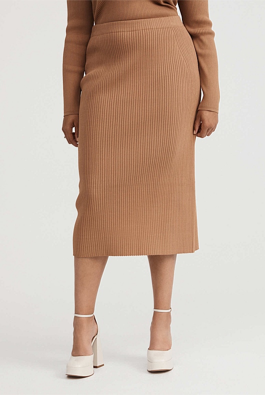 Knit Rib Midi Skirt - Camel