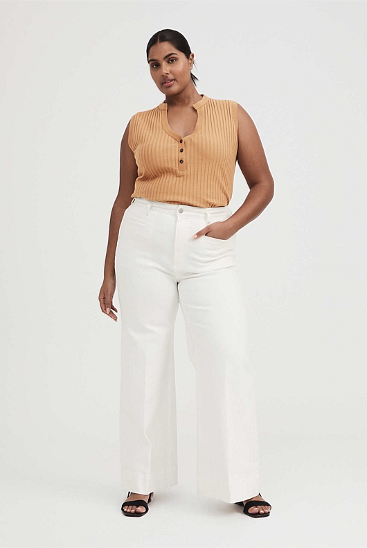 Cotton V Neck Henley Tank - Acorn