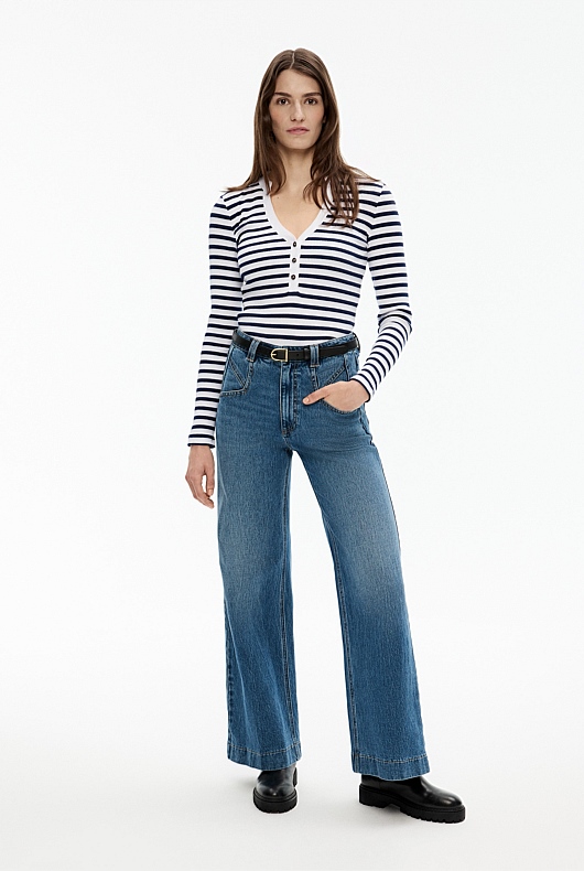 Stripe Rib Henley Long Sleeve Top - Ink