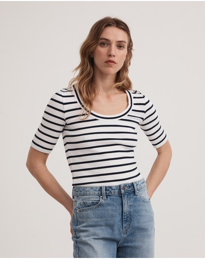 Witchery Stripe Cotton Rib Scoop Tee