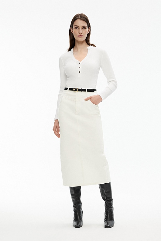 Cotton Blend Rib Henley Long Sleeve Top - Chalk