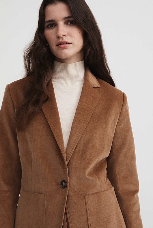 Cotton Cord Single Breasted Blazer - Camel