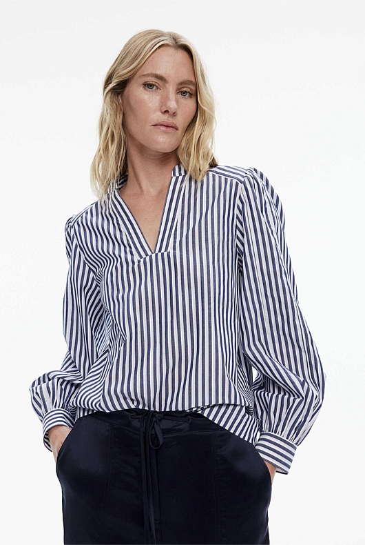 Cotton Stripe Seam Detail Blouse - Flint Blue