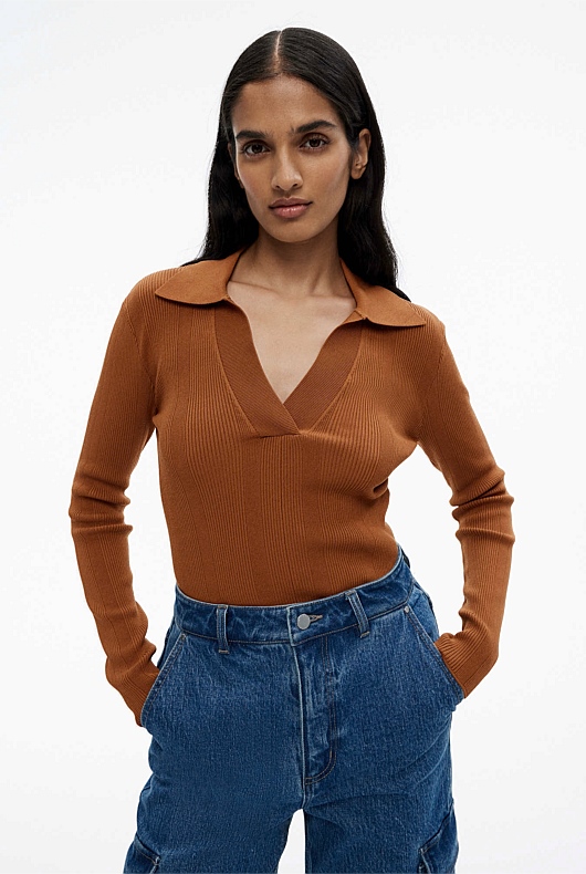 Crepe Rib Henley Knit - Faded Terracotta
