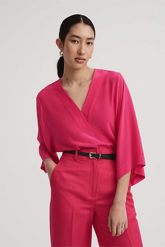 Kaftan V Neck Blouse - Hot Pink