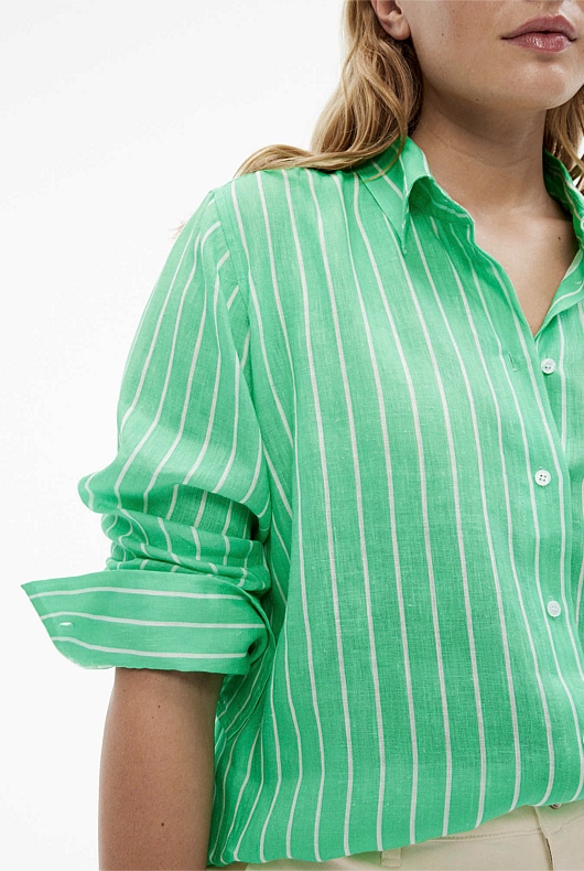 French Linen Stripe Shirt - Kiwi Green