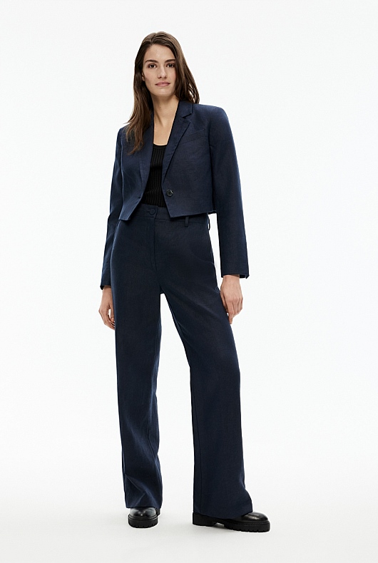 Linen Single-Breasted Cropped Blazer - Blue Night