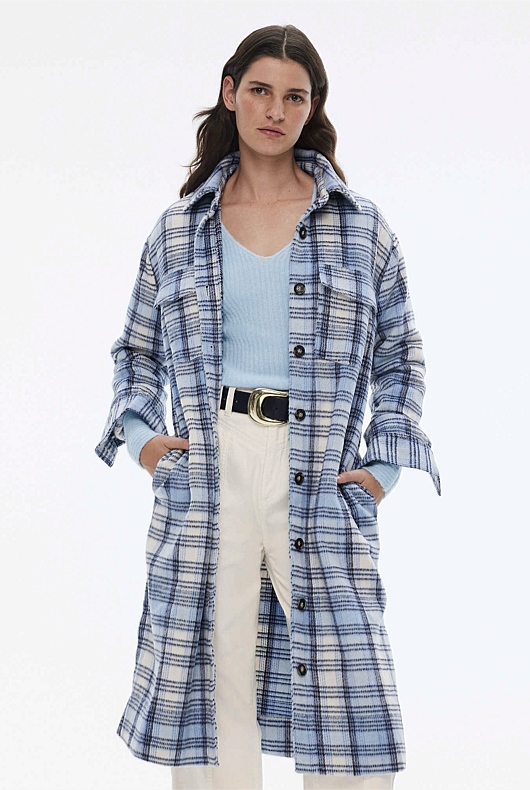 Wool Blend Check Longline Shacket - Duck Egg Blue