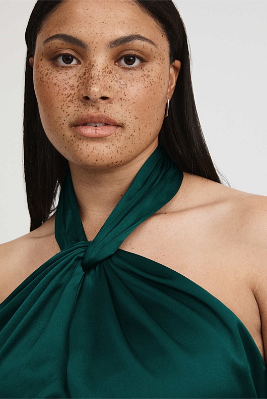 Silk Satin Halter - Petrol Green