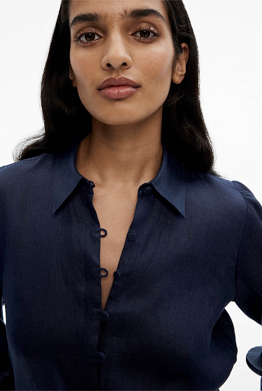 French Linen Volume Sleeve Shirt - Blue Night