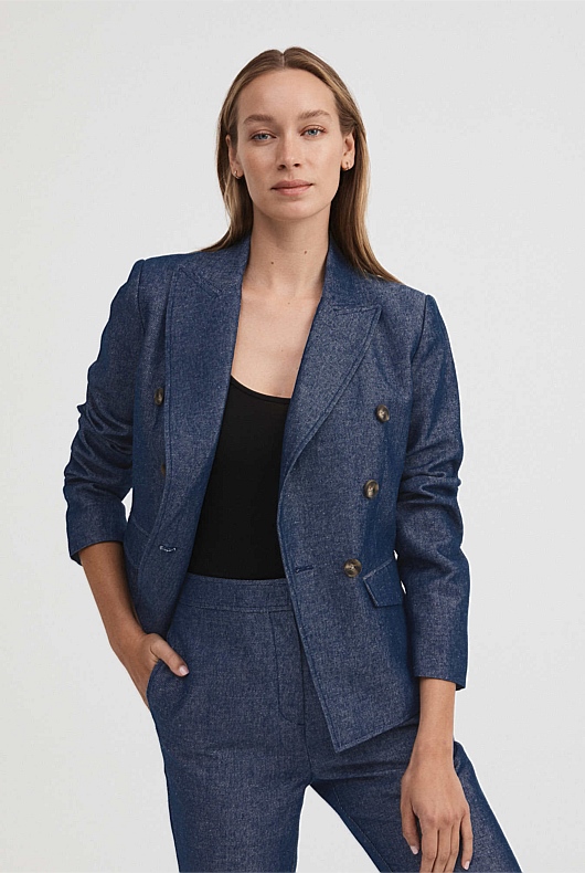 Yarn Dye Double-Breasted Blazer - French Blue