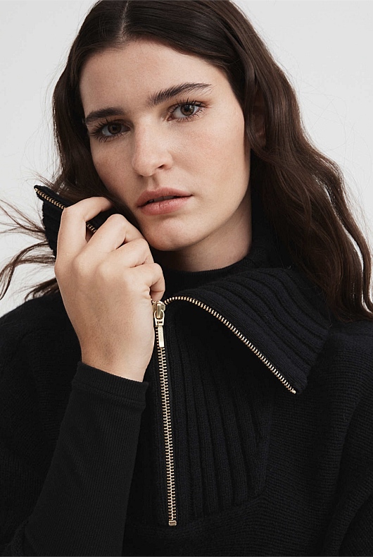 Rib Neck Poncho - Black