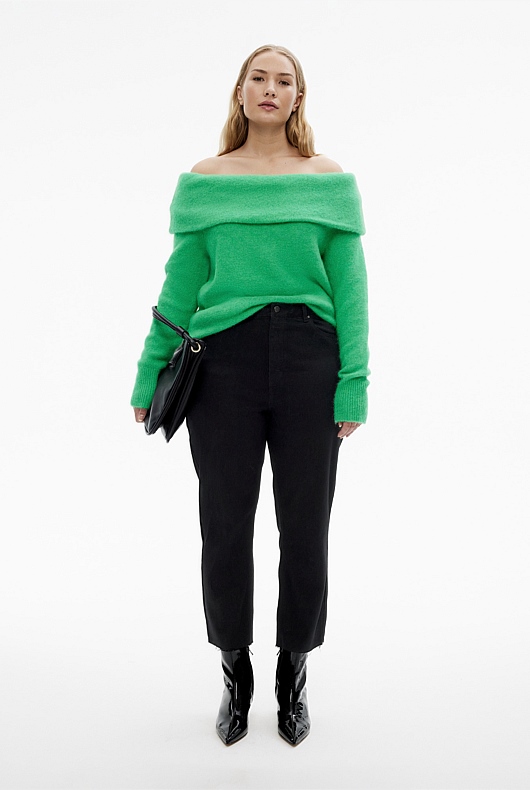 Alpaca Blend Off Shoulder Knit - Leaf Green