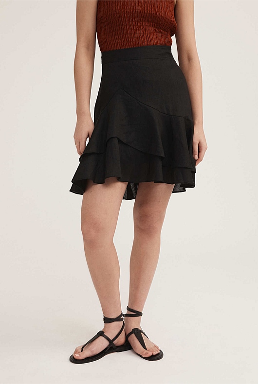 French Linen Ruffle Detail Skirt - Black
