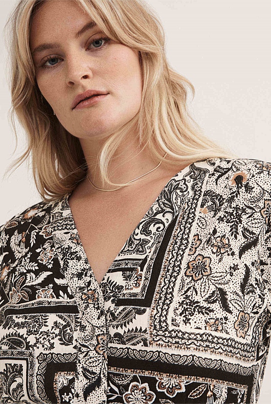 Linen Scarf Print Playsuit - Raven