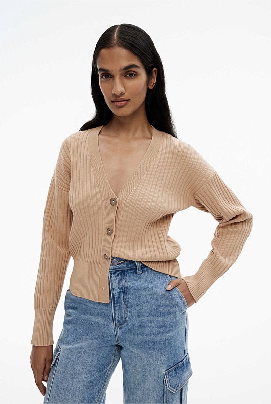 Rib Drop Shoulder Cardigan - Washed Sand
