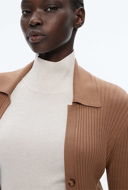 Button Through Rib Longline Cardigan - Camel