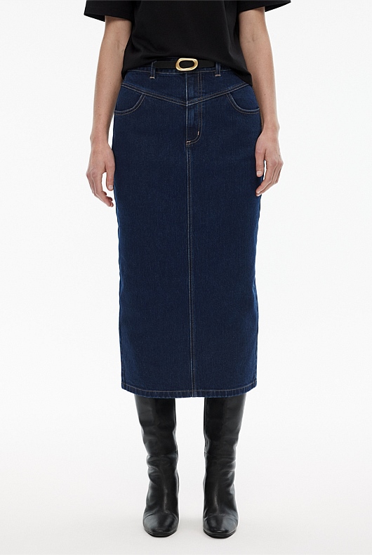Yoke Front Longline Denim Skirt - Dark Indigo