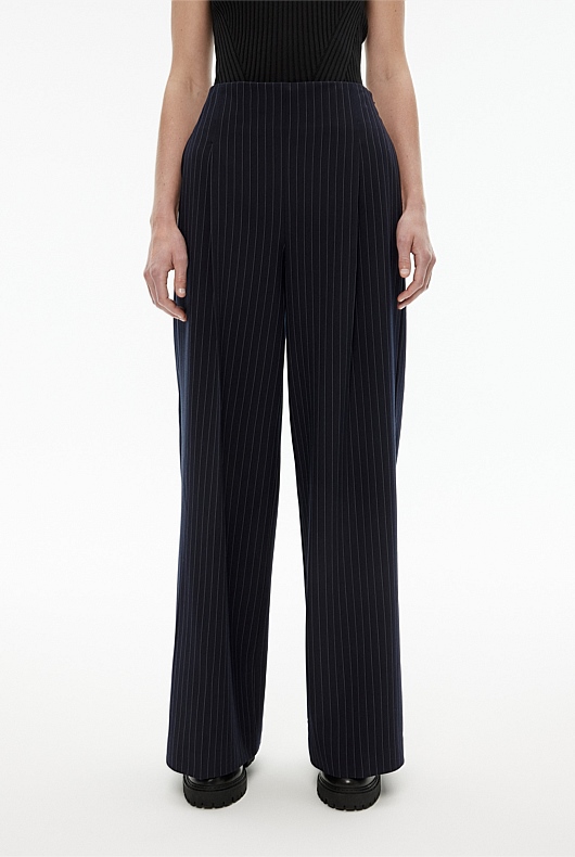 Pinstripe Wide Leg Trouser - Petrol Blue