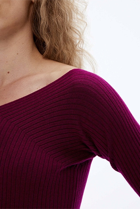 Rib Wide V Neck Knit - Deep Magenta
