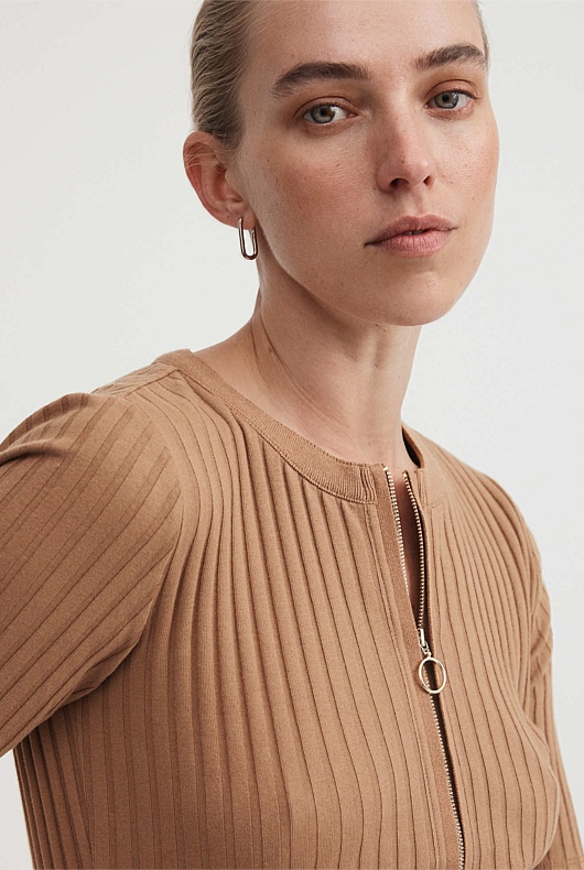 Cotton Rib Zip Front Top - Camel