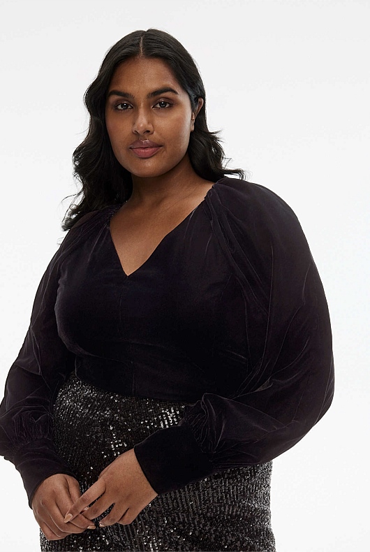 Velvet Gathered Blouse - Black