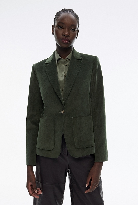 Cotton Cord Single Breasted Blazer - Dark Forest