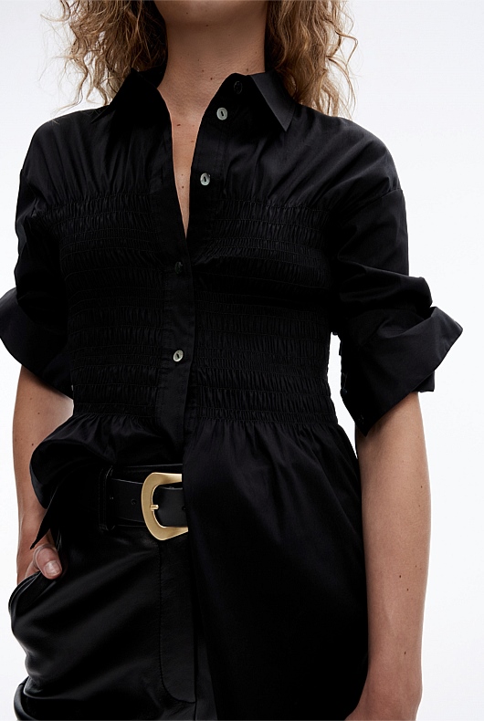 Cotton Shirred Shirt - Black