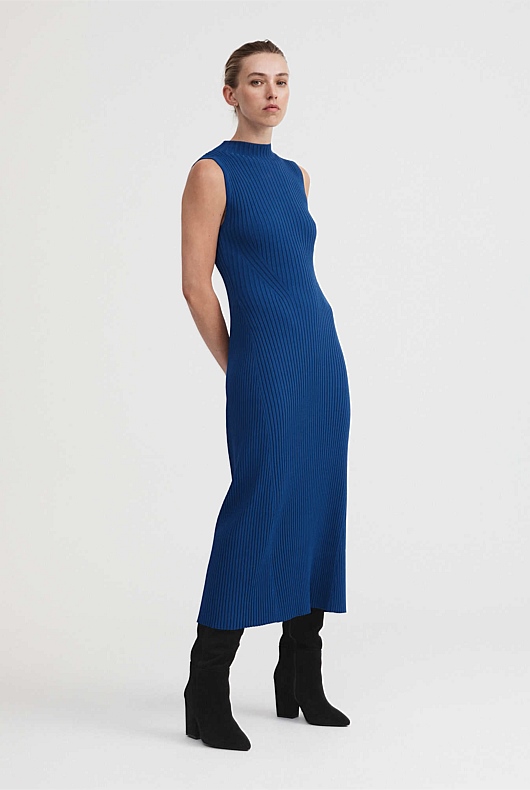 Knit Rib Mock Neck Dress - Eclipse Blue