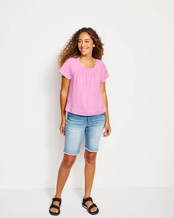 Performance Linen Square-Neck Short-Sleeved Top